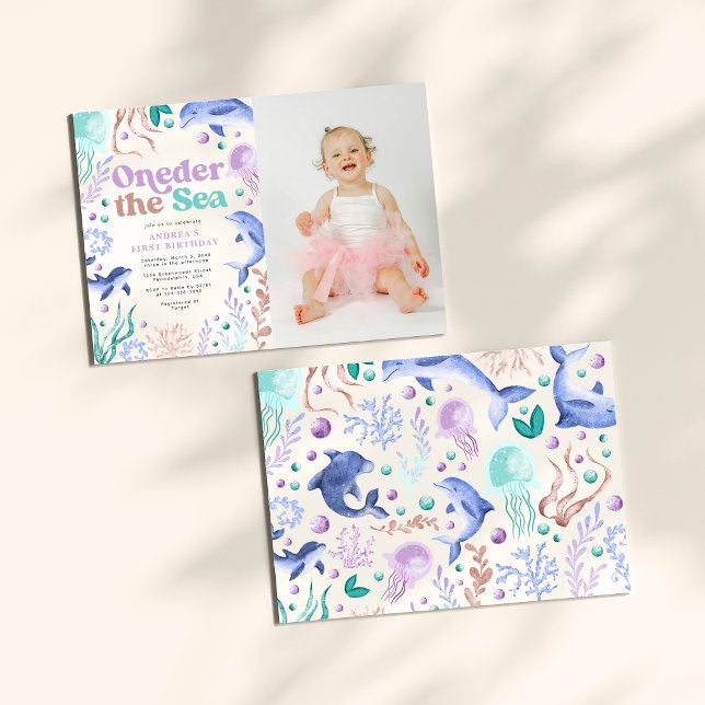 Oneder the Sea Dolphin Retro First Birthday Photo Invitation (Creator Uploaded)