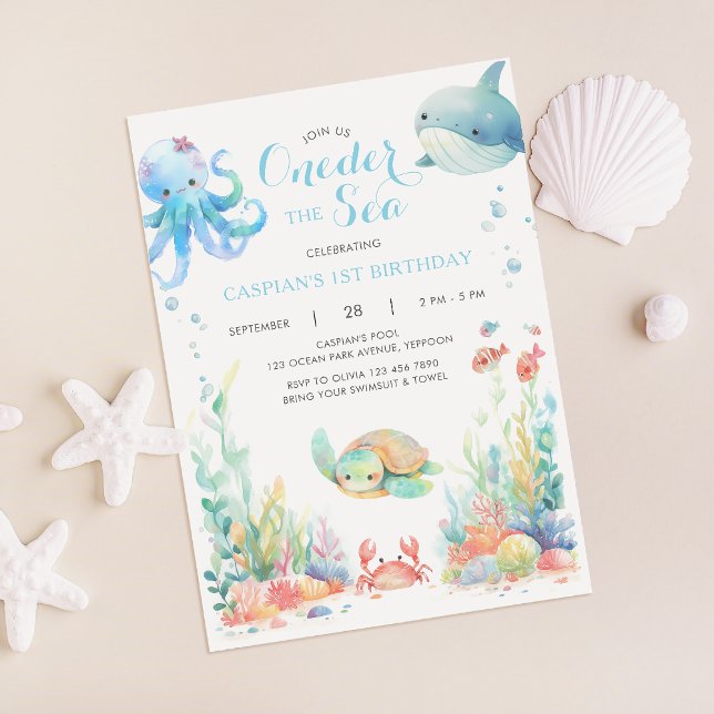 Oneder The Sea First Birthday Blue Invitation (Creator Uploaded)