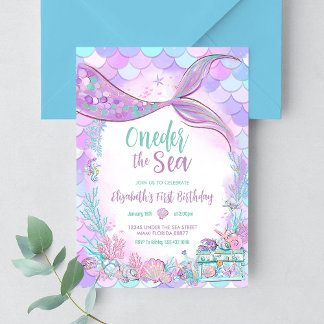 Oneder the Sea Little Mermaid First 1st Birthday Invitation