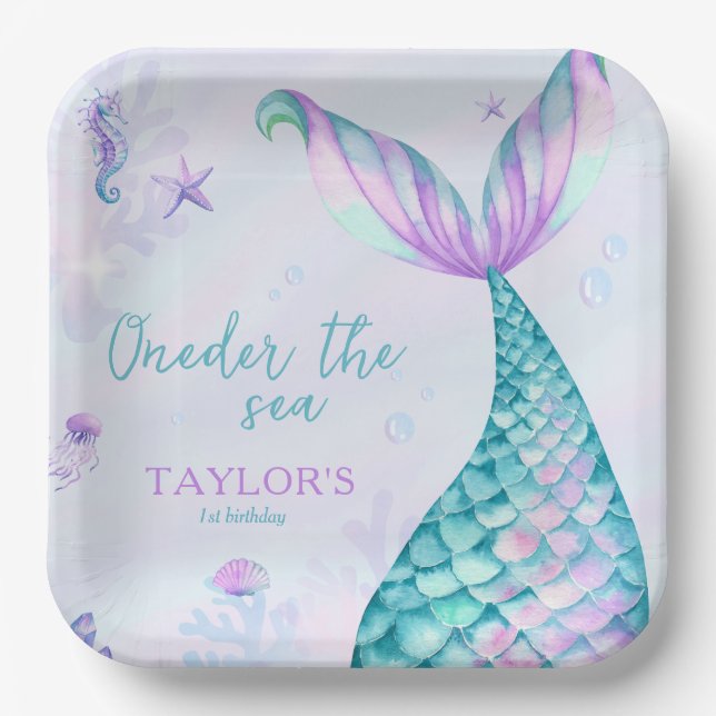 Oneder the Sea Mermaid 1st birthday girl Paper Plate (Front)