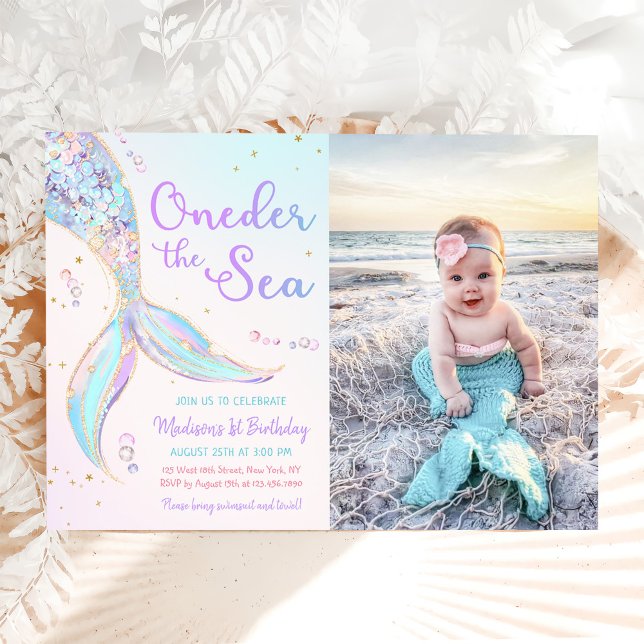 Oneder The Sea Mermaid 1st Birthday Party Photo Invitation (Creator Uploaded)