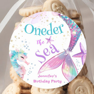 Oneder The Sea Mermaid 1st Birthday Pink Purple Classic Round Sticker