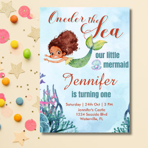Oneder the sea mermaid Brown 1st birthday girl Invitation