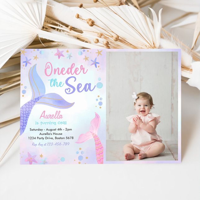 Oneder The Sea Mermaid Girl 1st Birthday Photo Invitation (Creator Uploaded)