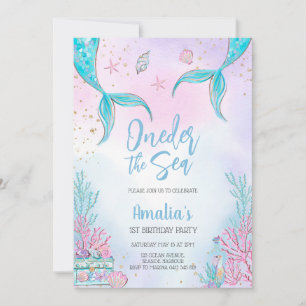 Oneder the Sea Mermaid Ocean Theme Girl Birthday  Invitation