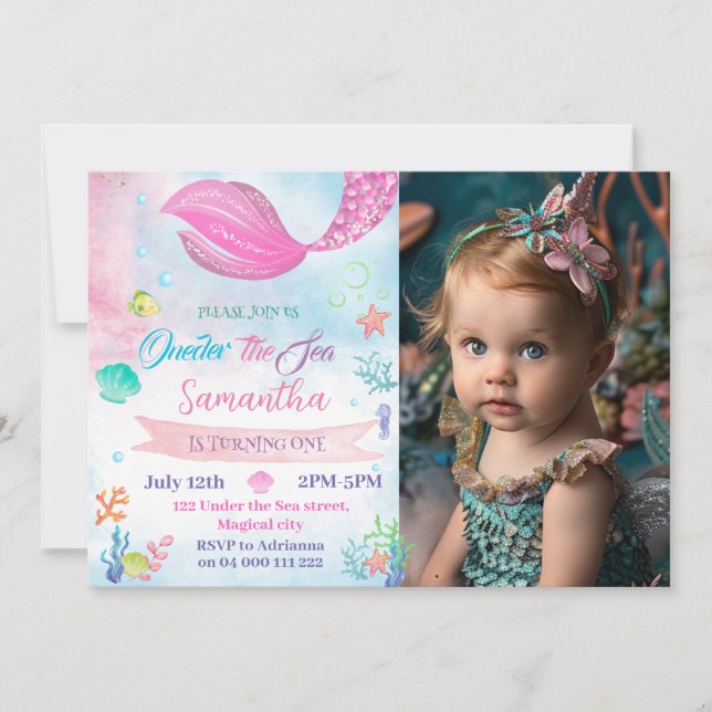 Oneder The Sea Mermaid Photo 1st First Birthday Invitation (Front)