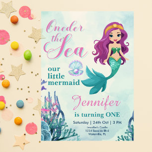 Oneder the sea mermaid purple 1st birthday girl invitation