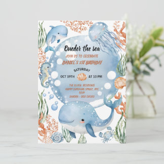 Oneder the Sea Mermaid Watercolor 1st Birthday Invitation