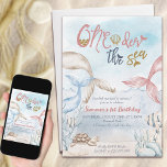 Oneder the Sea Mermaid Watercolor 1st Birthday Invitation<br><div class="desc">Oneder the Sea mermaid birthday party invitation titled "One-der the sea .. our little mermaid is turning 1" - or you can edit for any age you wish. Subtle and gentle design with mermaid tails diving in and out of the ocean with fish, turtle in neutral muted boho watercolor. Perfect...</div>