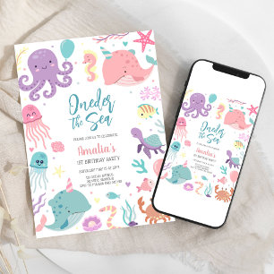Oneder the Sea Ocean Animals 1st Birthday Invitation