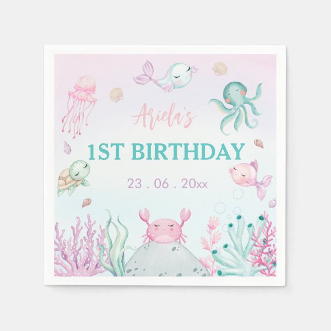 Oneder the Sea Ocean Animals 1st Birthday Napkin (Front)