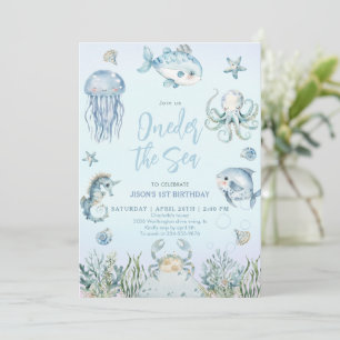 Oneder the Sea Ocean Animals Boy 1st Birthday  Invitation
