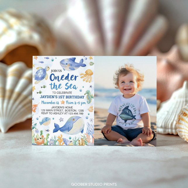 Oneder The Sea Ocean Animals Boy Birthday Photo Invitation (Creator Uploaded)