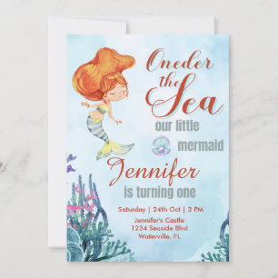 Oneder the Sea Orange Mermaid 1st birthday girl Invitation