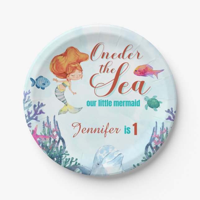 Oneder the Sea Orange Mermaid 1st Birthday Girl Paper Plate (Front)