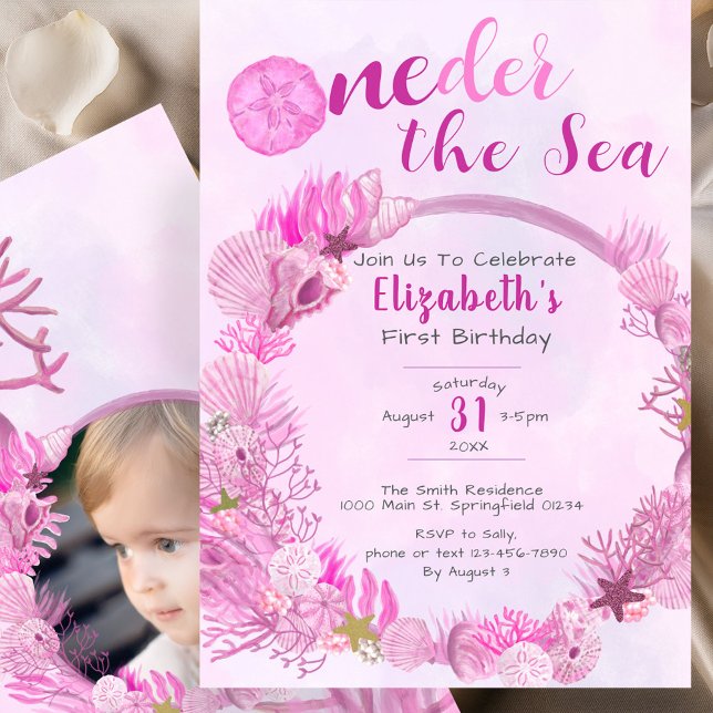 OneDer the Sea Pink Girl Photo 1st Birthday Party Invitation (Creator Uploaded)