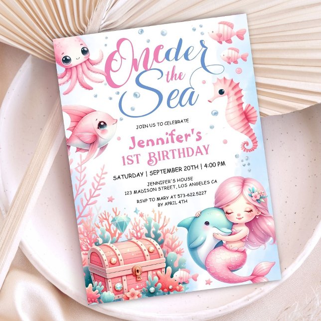 ONEder The Sea! Pink Little Mermaid 1st Birthday Invitation (Creator Uploaded)