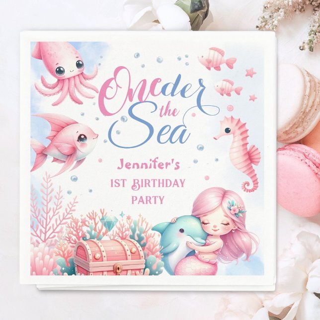 Oneder the sea! Pink Little Mermaid 1st Birthday Napkin (Creator Uploaded)