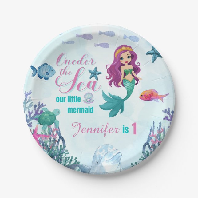 Oneder the Sea Purple Mermaid Girls 1st Birthday Paper Plate (Front)