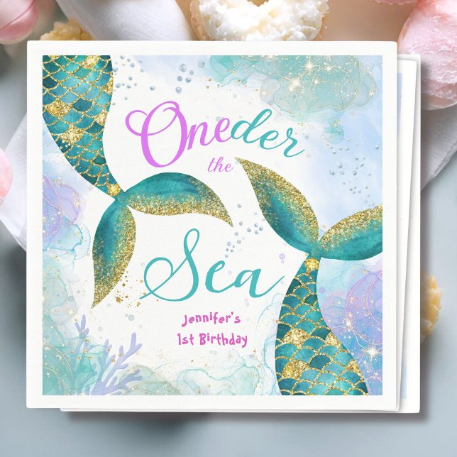 Oneder The Sea! Purple Teal Girls 1st Birthday  Napkin (Creator Uploaded)