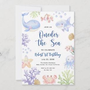Oneder The Sea Watercolor Ocean 1st Birthday Invitation