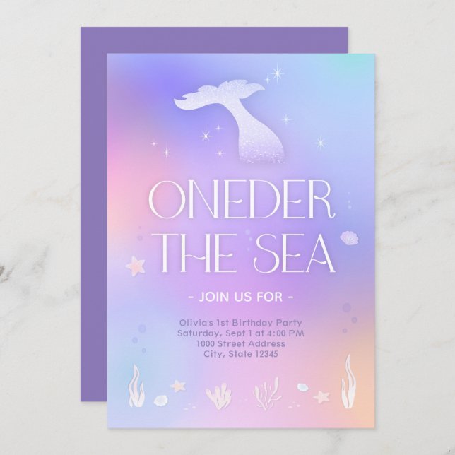 Oneder the Sea Whimsical Sparkly Mermaid Birthday Invitation (Front/Back)