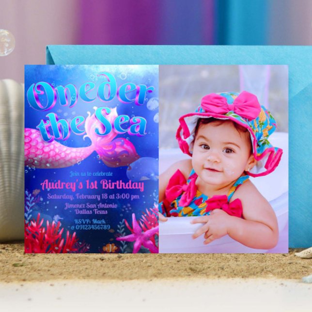Oneder the Sea with Photo Landscape Invitation (Oneder the Sea - Girl Mermaid 1st Birthday Landscape Invitation with Picture)