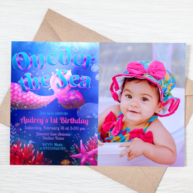 Oneder the Sea with Photo Landscape Invitation (Oneder the Sea - Girl Mermaid 1st Birthday Landscape Invitation with Picture)