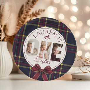OneDerful 1st Birtdhay Burgundy Classic Plaid Paper Plate