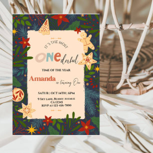Onederful 1st Birthday Boy - Blue and Gold Winter  Invitation