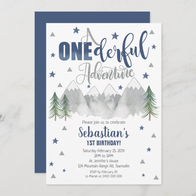 Onederful Adventure Birthday Invitation Navy 1st (Front/Back)