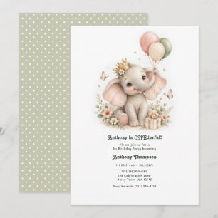 ONEderful Baby Elephant Pastel First Birthday Invitation