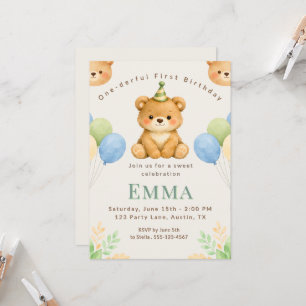 Onederful Bear First Birthday Party Invitation