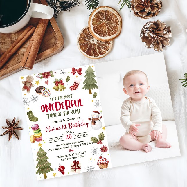 Onederful  Christmas Birthday Party Photo Invitation (Creator Uploaded)