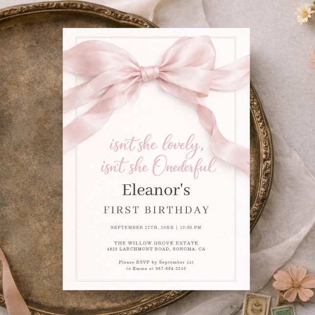 Onederful Coquette Bow Girl 1st Birthday Party Invitation (Creator Uploaded)
