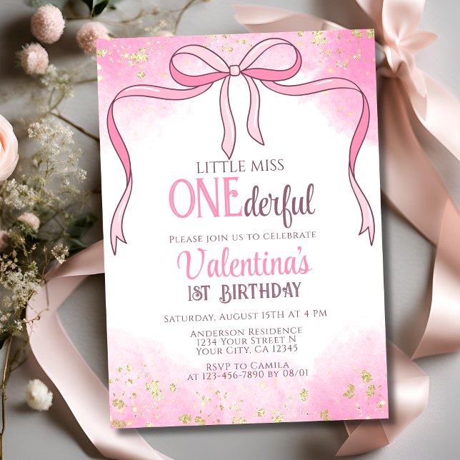 Onederful Coquette Pink Bow Glitter 1st Birthday Invitation (Creator Uploaded)
