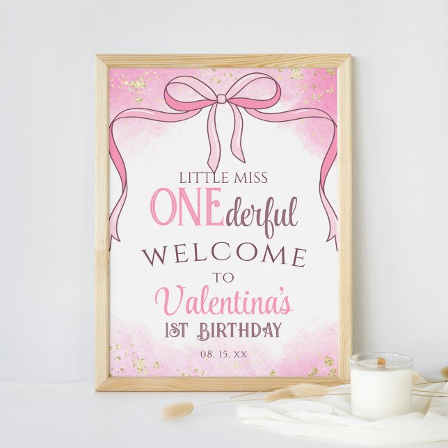 Onederful Coquette Pink Bow Glitter 1st Birthday Poster (Creator Uploaded)