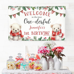 ONEderful   Cute Bear Christmas 1st Birthday Party Banner