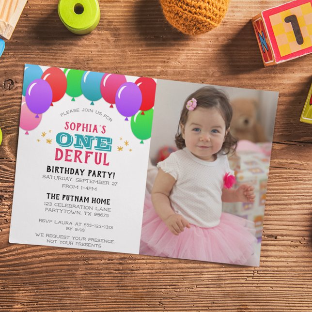 ONEderful First Birthday Balloon Pink Photo Invitation (Creator Uploaded)