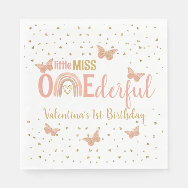 ONEderful First Birthday Faux Glitter Butterflies Napkin (Front)