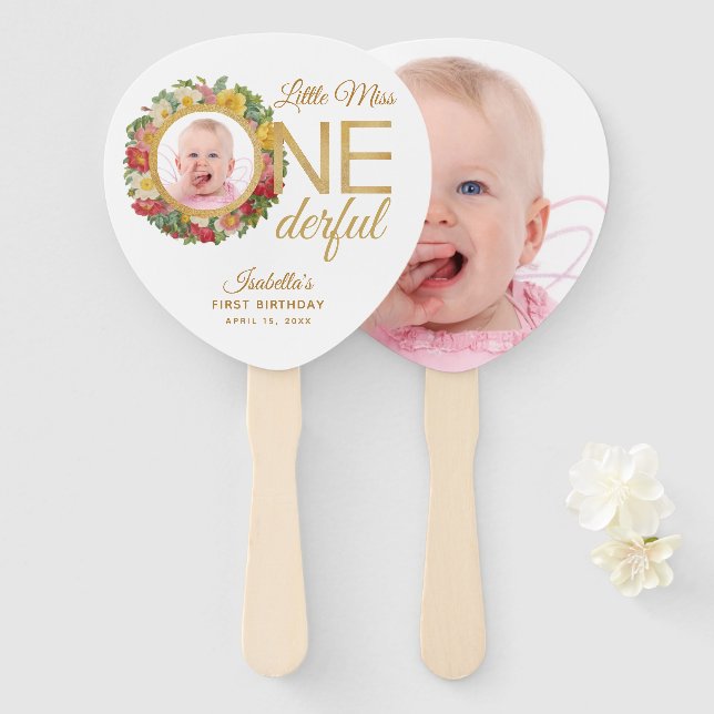 Onederful First Birthday Floral Photo Rose Wreath  Hand Fan (Front and Back)