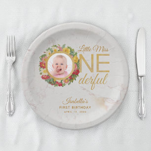Onederful First Birthday Photo Rose Wreath Marble Paper Plate