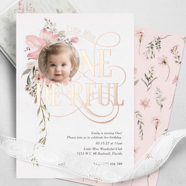 Onederful girl 1st birthday Wildflower photo gold (Gold foil, little miss onederful, Pink Wildflower baby girl 1st birthday invitation.)