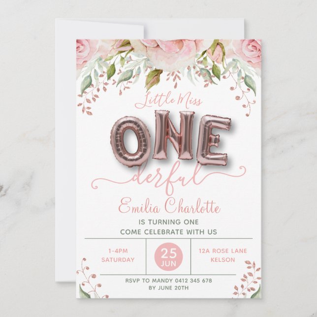 Onederful Girls Pink Balloon 1st Birthday Invitation (Front)