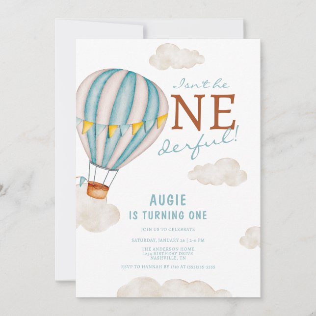 ONEderful Hot Air Balloon 1st Birthday Invitation (Front)