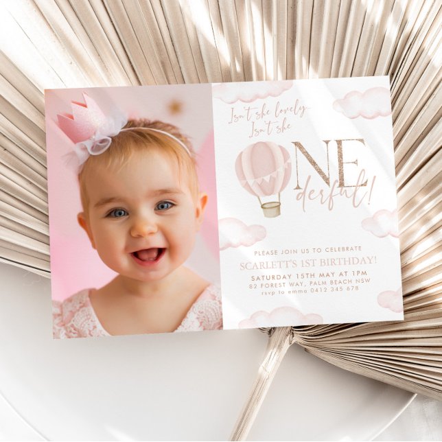 Onederful Hot Air Balloon 1st Birthday Photo Invitation (Isn't she lovely, Isn't she Onederful? Pink hot air balloon 1st birthday photo invitation)
