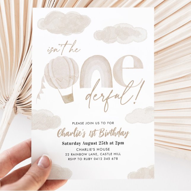 Onederful Hot Air Balloon Beige Boy 1st Birthday Invitation (Creator Uploaded)