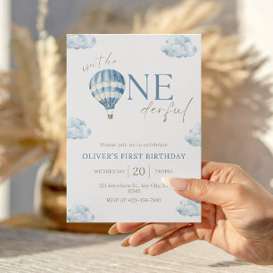 Onederful Hot Air Balloon Blue Boy 1st Birthday Invitation