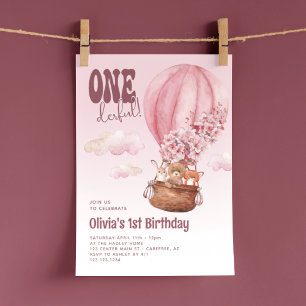 Onederful Hot Air Balloon Pink 1st Birthday Invitation