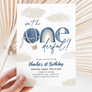 Onederful Hot Air Balloon Rainbow Boy 1st Birthday Invitation